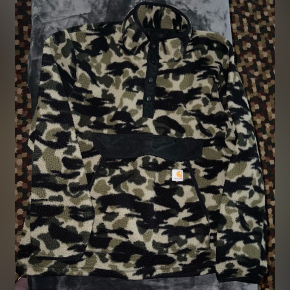 Carhartt Relaxed Fit Fleece Pullover in Black Blind Duck Camo Size XL - Picture 2 of 9